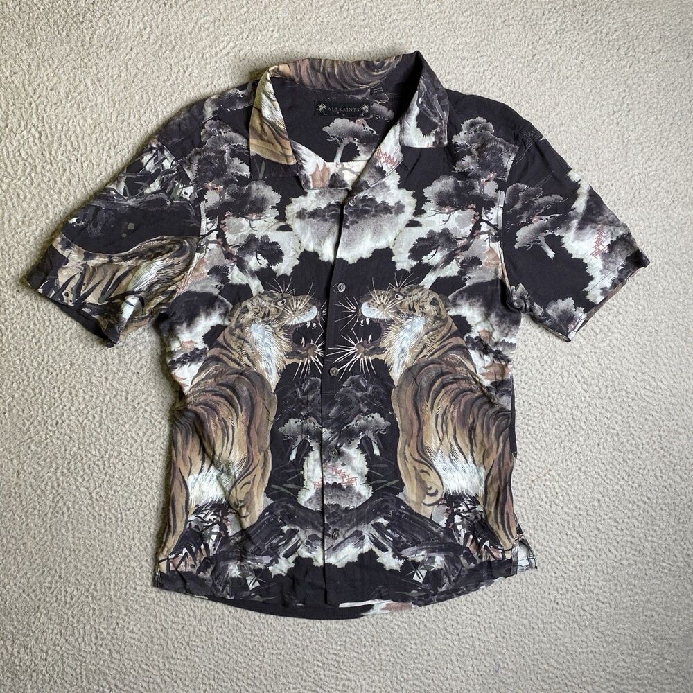 All Saints Shirt Mens Medium Gobi Tiger Print Camp Viscose Button Up Casual